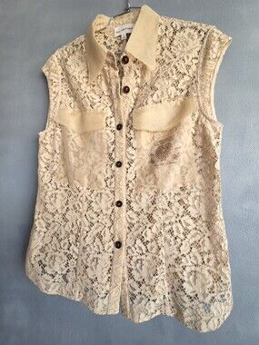 EP YAYING BEIGE BUTTON  LACE SILK CAP-SLEEVE BLOUSE US SIZE 8 NEW
